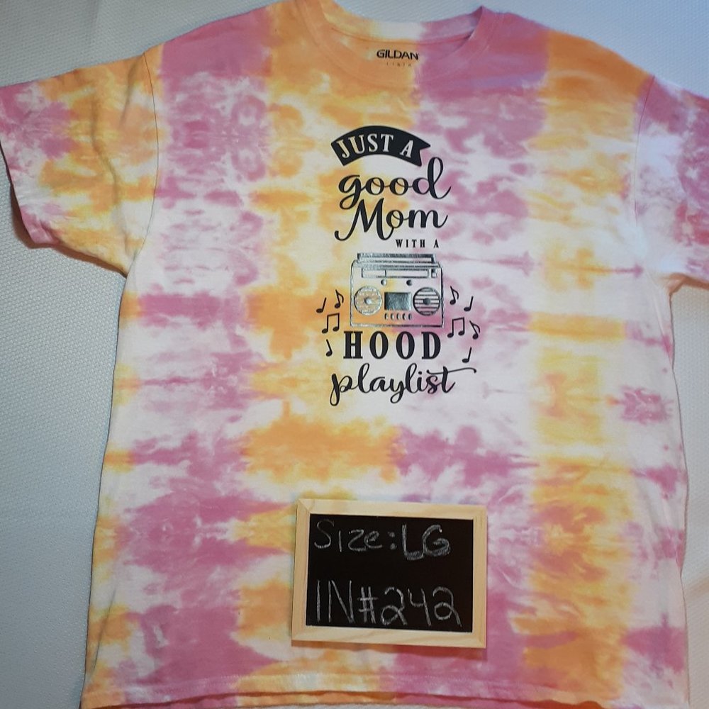 MOM LOVES H'OOD MUSIC' TIE-DYED AND PRINTED ADULT LARGE T-SHIRT